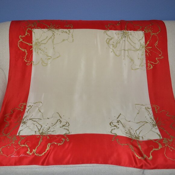 Anne Klein Silk Scarf, Signed, 40 Inches Square, Vintage Cream and Red with Gold - Picture 7 of 10